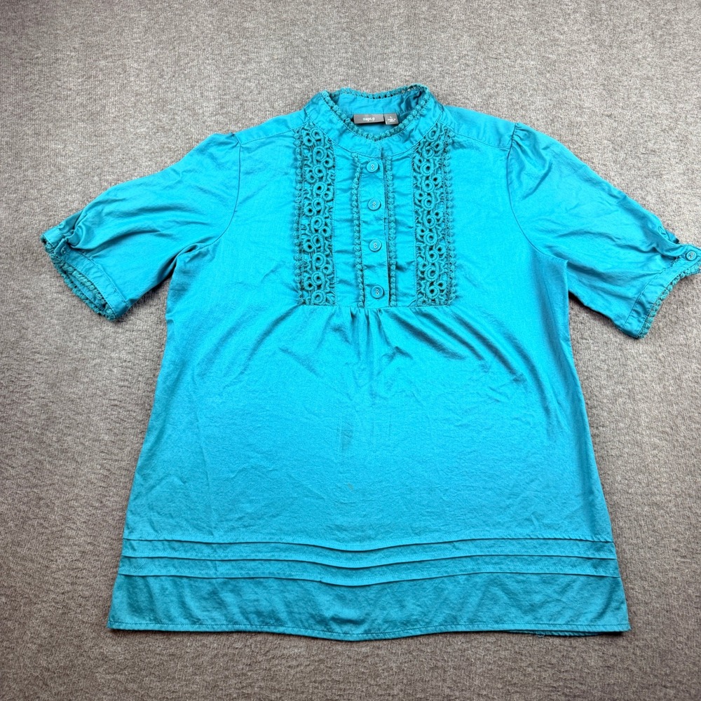 Apt. 9 Women's L Crochet Lace Mock Neck Blouse Blue Cotton Short Sleeve Top